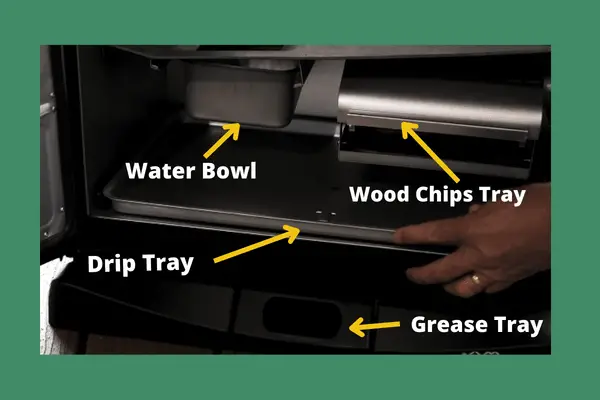 place the wood chips tray & water bowl